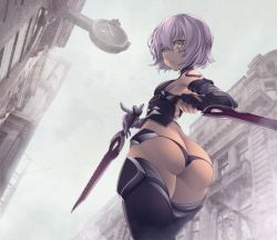 Rule 34 | 1girl, arikanrobo, ass, bandaged arm, bandages, black gloves, black panties, black thighhighs, breasts, building, clock, dagger, day, fate/apocrypha, fate (series), fingerless gloves, from below, gloves, green eyes, grey sky, halterneck, jack the ripper (fate/apocrypha), knife, light purple hair, looking at viewer, outdoors, panties, scar, scar across eye, scar on face, short hair, single glove, sky, small breasts, solo, tattoo, thighhighs, underwear, weapon