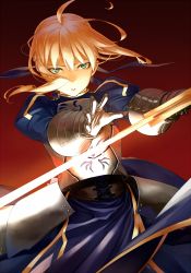 Rule 34 | 1girl, ahoge, armor, artoria pendragon (fate), blonde hair, excalibur (fate/stay night), fate/stay night, fate/zero, fate (series), gauntlets, green eyes, hair ribbon, open mouth, ribbon, saber (fate), short hair, solo, sword, tef, weapon