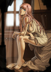 Rule 34 | 1girl, areola slip, barefoot, blue eyes, breasts, darling in the franxx, dress, feet, from side, full body, ganassa, hair over shoulder, head tilt, highres, horns, indoors, leaning forward, legs together, lips, long hair, looking at viewer, medium breasts, messy hair, no bra, oni horns, parted lips, pink hair, red horns, sideboob, sitting, solo, toes, zero two (darling in the franxx)