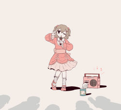 Rule 34 | 1girl, 5others, absurdres, avogado6, bear hair ornament, beige background, black eyes, bow, brown hair, busking, can, center frills, collared shirt, commentary, dress, frilled dress, frilled legwear, frilled shirt, frilled shirt collar, frills, full body, hair bow, hair ornament, hairclip, hands up, heart, highres, layered dress, medium hair, microphone, multiple others, music, musical note, no sclera, one eye closed, open mouth, original, pink bow, pink dress, pink footwear, pleated dress, radio, shadow, shirt, short twintails, simple background, singing, standing, twintails, white shirt