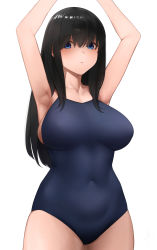 Rule 34 | 1girl, arms up, black hair, blue eyes, breasts, covered navel, highres, idolmaster, idolmaster cinderella girls, large breasts, long hair, looking at viewer, one-piece swimsuit, sagisawa fumika, school swimsuit, senju (snz0), simple background, solo, swimsuit, white background
