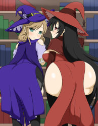 Rule 34 | 2girls, against wall, ass, ass focus, black hair, book, bookshelf, breasts, character request, cleavage, crossover, dress, genshin impact, haruka (senran kagura), hat, high school dxd, highres, himejima akeno, huge ass, large breasts, leaning forward, lisa (genshin impact), long hair, looking at viewer, looking back, multiple girls, purple dress, senran kagura, sideboob, smile, soulkibble, thick thighs, thighs, voice actor connection, wide hips, witch hat