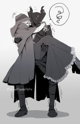 Rule 34 | 1boy, 1girl, bloodborne, bonnet, boots, cagefreepotato, carrying, cloak, coat, doll joints, dress, gloves, greyscale, hat, highres, holding, hug, hunter (bloodborne), joints, long hair, looking at another, mask, monochrome, mouth mask, plain doll, princess carry, shadow, shaking, shoes, short hair, simple background, speech bubble, standing, sweat, tricorne, white background