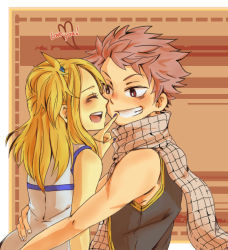 Rule 34 | 1boy, 1girl, bad id, bad pixiv id, blonde hair, blush, couple, english text, closed eyes, fairy tail, grin, hetero, long hair, lucy heartfilia, natsu dragneel, open mouth, scarf, short hair, side ponytail, sleeveless, smile, spiked hair, tadano kandume