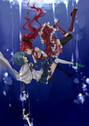 Rule 34 | 10s, 2girls, bare shoulders, black thighhighs, blue eyes, blue hair, boots, cape, detached sleeves, falling, gloves, hand on another&#039;s cheek, hand on another&#039;s face, holding hands, imi fumei, long hair, magical girl, mahou shoujo madoka magica, mahou shoujo madoka magica (anime), miki sayaka, multiple girls, one eye closed, ponytail, red eyes, red hair, sakura kyoko, short hair, smile, sword, tears, thighhighs, underwater, weapon, white gloves, white thighhighs, wink, zettai ryouiki