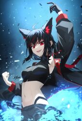 Rule 34 | 1girl, absurdres, ahoge, animal ear fluff, animal ears, arm up, armpits, black gloves, black hair, black jacket, black panties, black shirt, black shorts, braid, clenched hand, commentary request, crop top, earrings, extra ears, fox ears, fox girl, gloves, hair between eyes, highleg, highleg panties, highres, hololive, jacket, jewelry, kurokami fubuki, long hair, looking at viewer, midriff, nagae yama, navel, open clothes, open jacket, open mouth, panties, red eyes, red hair, shirt, short shorts, shorts, sidelocks, signature, single braid, single glove, solo, underwear, virtual youtuber