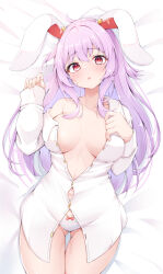 Rule 34 | 1girl, animal ears, bow, bow panties, breasts, breasts apart, collarbone, commentary request, from above, gluteal fold, hand on own chest, hands up, long sleeves, lying, medium breasts, off shoulder, on back, on bed, panties, purple eyes, purple hair, rabbit ears, reisen udongein inaba, rururiaru, single bare shoulder, sleeves past wrists, solo, thigh gap, touhou, underwear, white panties
