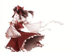 Rule 34 | 1girl, back, bare shoulders, bow, brown hair, cowboy shot, detached sleeves, from behind, hair bow, hair tubes, hakurei reimu, long hair, nontraditional miko, nooca, sarashi, simple background, solo, touhou, white background, wide sleeves, wind