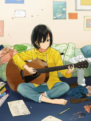 Rule 34 | 1girl, absurdres, acoustic guitar, artist name, barefoot, bed, bedroom, black eyes, black hair, book, bow, bowtie, capri pants, cellphone, commentary request, dated, eraser, full body, guitar, hair between eyes, highres, holding, holding guitar, holding instrument, homework, indian style, indoors, instrument, jacket, long sleeves, looking at viewer, math, music, on floor, original, pants, paper, pen, phone, picture frame, pillow, planet, playing instrument, room, sako (35s 00), shirt, short hair, signature, sitting, smartphone, smile, solo, unworn clothes, unworn legwear, yellow jacket