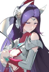 Rule 34 | 1girl, armor, black hair, blouse, blue eyes, blush, breasts, cleavage, covering breasts, covering privates, crazyzhuozhuo, darius (league of legends), embarrassed, eyes visible through hair, high collar, highres, irelia, jhin, large breasts, league of legends, long hair, reflection, shirt, solo, tagme, tears, torn clothes, torn shirt, transparent background, v-shaped eyebrows, very long hair, when you see it