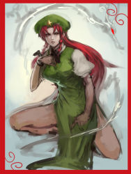 Rule 34 | 1girl, beret, black bow, border, bow, braid, china dress, chinese clothes, dress, fighting stance, green dress, green hat, hair bow, hat, hat ornament, hong meiling, inishie kumo, looking at viewer, parted bangs, parted lips, puffy short sleeves, puffy sleeves, red border, red hair, short sleeves, side braids, solo, squatting, star (symbol), star hat ornament, touhou, wristband