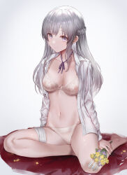 Rule 34 | 1girl, absurdres, bandages, barefoot, bra, braid, breasts, cameltoe, character request, cleavage, collarbone, copyright request, flower, full body, gauze on knee, grey eyes, grey hair, groin, highres, holding, interstellar, lace, lace-trimmed bra, lace-trimmed panties, lace trim, legs, long hair, long sleeves, looking at viewer, medium breasts, nail polish, navel, no pants, open clothes, open shirt, panties, petals, purple ribbon, ribbon, shirt, side braid, sidelocks, sitting, smile, solo, thighs, unbuttoned, unbuttoned shirt, underwear, white bra, white panties, white shirt