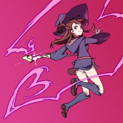 Rule 34 | 10s, 1girl, ass, blunt bangs, boots, brown hair, floating hair, flying, from behind, full body, gradient background, hat, holding, hungry clicker, kagari atsuko, knee boots, little witch academia, long hair, looking at viewer, looking back, panties, pantyshot, purple eyes, shiny rod (little witch academia), simple background, smile, solo, thighs, underwear, wand, white panties, wind, wind lift, witch, witch hat