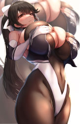 Rule 34 | 1girl, absurdres, azur lane, bare shoulders, black hair, black leotard, blush, breast hold, breasts, brown eyes, brown pantyhose, cleavage, covered navel, elbow gloves, fingerless gloves, gloves, highleg, highleg leotard, highres, huge breasts, leotard, long hair, looking at viewer, official alternate costume, pantyhose, ponytail, race queen, solo, takao (azur lane), takao (full throttle charmer) (azur lane), thighs, tiri man, two-tone leotard, white gloves, white leotard