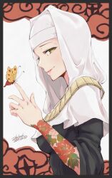 Rule 34 | 1girl, alakoala, black border, black dress, border, breasts, bug, butterfly, butterfly on hand, coif, commentary, dated, dress, evil grin, evil smile, fate/grand order, fate (series), flower tattoo, from side, gold necklace, grin, hand up, highres, insect, jewelry, large breasts, long sleeves, looking at viewer, necklace, parted lips, sessyoin kiara, signature, smile, solo, tattoo, upper body, white background, white headwear, wide sleeves, yellow eyes