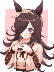 Rule 34 | 1girl, animal ears, black hair, brown dress, brown hairband, brown ribbon, closed mouth, collared dress, commentary request, cropped torso, dress, ha (hura76752775), hair over one eye, hairband, hands up, horse ears, interlocked fingers, long hair, long sleeves, looking at viewer, own hands together, pink background, puffy long sleeves, puffy sleeves, purple eyes, ribbon, rice shower (umamusume), smile, solo, two-tone background, umamusume, upper body, very long hair, white background