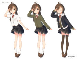 Rule 34 | 1girl, :p, ^ ^, ahoge, arm up, black jacket, black skirt, blazer, blush, brown eyes, brown footwear, brown hair, brown thighhighs, cardigan, closed eyes, closed mouth, collared shirt, coreytaiyo, green cardigan, hair ornament, hairclip, highres, hood, hood down, hooded jacket, jacket, loafers, long hair, long sleeves, mole, mole under eye, multiple views, neck ribbon, open clothes, open jacket, original, pleated skirt, red ribbon, ribbon, school uniform, shirt, shoes, short sleeves, simple background, skirt, sleeves past wrists, smile, socks, thick eyebrows, thighhighs, tongue, tongue out, translation request, twitter username, white background, white jacket, white shirt, white thighhighs, zettai ryouiki