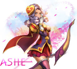 Rule 34 | 1girl, alternate costume, alternate hairstyle, arrow (projectile), ashe (league of legends), bow (weapon), breasts, cape, character name, curly hair, gloves, grey eyes, grey hair, heartseeker ashe, holding, holding weapon, large breasts, league of legends, long hair, long sleeves, nal (nal&#039;s pudding), red skirt, skirt, solo, weapon, white gloves