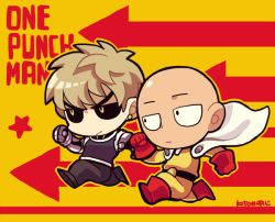 Rule 34 | 2boys, arrow (symbol), artist name, bald, black sclera, blonde hair, boots, cape, chibi, colored sclera, copyright name, cyborg, earrings, genos, gloves, jewelry, kotorai, male focus, mechanical arms, multiple boys, one-punch man, outline, red footwear, red gloves, running, saitama (one-punch man), signature, yellow eyes