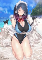 Rule 34 | 1girl, beach, black gloves, black hair, bow, bowtie, breasts, brown eyes, cleavage, competition swimsuit, covered navel, detached collar, elbow gloves, frills, gloves, heart, long hair, looking at viewer, maid headdress, multicolored hair, ocean, one-piece swimsuit, original, outdoors, partially submerged, purple hair, rib:y(uhki), seiza, sitting, smile, solo, swimsuit, two-tone hair