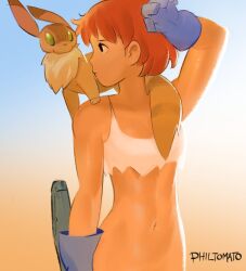 Rule 34 | 1girl, animal, animal on shoulder, black eyes, blue gloves, bottomless, brown hair, commentary, crop top, english commentary, flat chest, gloves, gun, holding, holding gun, holding weapon, kaze no tani no nausicaa, linea alba, looking to the side, nausicaa, navel, out-of-frame censoring, pet, philtomato, short hair, sidelighting, solo focus, tan, weapon