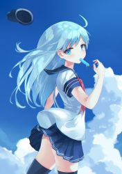 Rule 34 | 10s, 1girl, adapted costume, black hat, black thighhighs, blue eyes, blue sailor collar, blue skirt, cloud, cloudy sky, day, flat cap, food, food in mouth, hamaru (s5625t), hat, hibiki (kancolle), kantai collection, long hair, neckerchief, pleated skirt, popsicle, red neckerchief, sailor collar, school uniform, serafuku, short sleeves, silver hair, skirt, sky, solo, thighhighs, unworn hat, unworn headwear