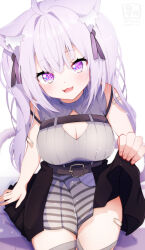 Rule 34 | 1girl, absurdres, ahoge, alternate costume, animal ear fluff, animal ears, bandaid, bandaid on arm, bandaid on leg, belt, black belt, black skirt, breasts, cat ears, cat girl, cat tail, chest belt, cleavage, cleavage cutout, clothing cutout, hair ribbon, highres, hololive, large breasts, long hair, looking at viewer, nekomata okayu, nekomata okayu (8th costume), open mouth, purple eyes, purple hair, purple ribbon, purple shirt, ribbon, satsuki (pixiv 742410), shirt, skirt, smile, solo, tail, two side up, virtual youtuber, white background