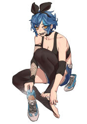 Rule 34 | 1girl, absurdres, b9 (rrrqqq), bandaid, bandaid on face, black choker, black hairband, black sports bra, black thighhighs, blue footwear, blue hair, blue shorts, blush, bow, breasts, bridal legwear, chinese commentary, choker, collarbone, commentary request, dif (difman), feet, fishnet sleeves, fishnets, full body, hair bow, hairband, highres, invisible chair, knee up, large breasts, legs, multicolored hair, no shoes, original, parted bangs, shoes, short hair, short shorts, shorts, simple background, single sleeve, sitting, smell, solo, sports bra, stirrup legwear, streaked hair, teeth, thighhighs, toeless legwear, toenails, toes, unworn shoes, white background, yellow eyes