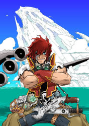 Rule 34 | 1boy, ammunition, blue eyes, blue sky, character request, cloud, copyright request, crossed arms, day, explosive, gloves, goggles, grenade, high collar, iceberg, muscular, naitou yasuhiro, red hair, sky, torn clothes, torn sleeves, vest, water, wrench