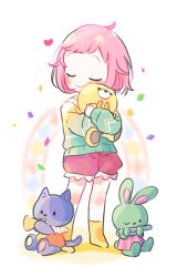 Rule 34 | 1girl, absurdres, aged down, bob cut, closed eyes, closed mouth, commentary, confetti, dot nose, full body, highres, hugging object, long sleeves, momomo (m0 3), multicolored clothes, ootori emu, pink hair, project sekai, short bangs, short hair, smile, socks, solo, standing, stuffed animal, stuffed cat, stuffed rabbit, stuffed toy, sweater, symbol-only commentary, yellow socks