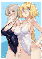 Rule 34 | 2girls, ahoge, bad id, bad pixiv id, bare shoulders, black one-piece swimsuit, blonde hair, blue background, blush, braid, breasts, brown eyes, cleavage, club3, cowboy shot, embarrassed, fate/grand order, fate (series), from side, frown, hair between eyes, hand on own hip, highres, holding hands, interlocked fingers, jeanne d&#039;arc (fate), jeanne d&#039;arc (ruler) (fate), jeanne d&#039;arc alter (avenger) (fate), jeanne d&#039;arc alter (fate), large breasts, long hair, multiple girls, one-piece swimsuit, outside border, raised eyebrow, short hair, side-by-side, silver hair, simple background, single braid, skin tight, smile, smug, swimsuit, v-shaped eyebrows, very long hair, wavy mouth, white one-piece swimsuit