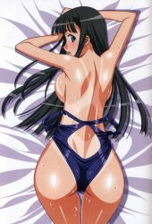 Rule 34 | 00s, 1girl, ass, back, bed, black hair, blue eyes, blush, breast press, breasts, competition swimsuit, from above, from behind, highleg, highleg swimsuit, kuroda kazuya, large breasts, long hair, looking back, lowres, lying, mizushima asa, on stomach, one-piece swimsuit, one-piece tan, sideboob, solo, sora no iro mizu no iro, swimsuit, tan, tanline, wet