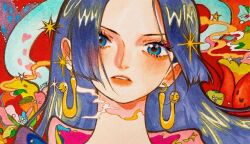 Rule 34 | 1girl, blue eyes, blue hair, boa hancock, commentary request, earrings, flower, heart, highres, hime cut, jewelry, linerynlasgalen, looking at viewer, one piece, solo, star (symbol)