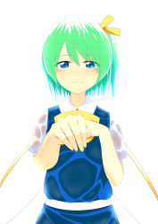 Rule 34 | 1girl, blue dress, blue eyes, blush, daiyousei, dress, fairy wings, green hair, hair ribbon, highres, looking at viewer, puffy sleeves, ribbon, sash, short hair, short sleeves, side ponytail, simple background, smile, solo, sugiura rippu, tears, touhou, upper body, white background, wings