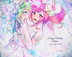 Rule 34 | 2021, 2girls, bare shoulders, blue eyes, blush, bouquet, bow, bright pupils, brown eyes, dated, dress, female focus, flower, gloves, green hair, hair bow, hair ornament, hand on another&#039;s face, happy birthday, holding, holding bouquet, looking at another, m rgfn, macross, macross delta, makina nakajima, medium hair, multiple girls, nail polish, pink nails, reina prowler, short hair, smile, twintails, wedding dress, white bow, white gloves, white pupils, wife and wife, yuri
