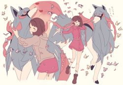 Rule 34 | 1girl, bad id, bad twitter id, blush, bob cut, boots, brown footwear, brown hair, bug, butterfly, buttons, cardigan, closed eyes, closed mouth, collared dress, commentary request, creatures (company), dress, dynamax band, game freak, gen 8 pokemon, gloria (pokemon), green legwear, grey cardigan, hooded cardigan, hug, insect, legendary pokemon, nintendo, open mouth, pink dress, pokemon, pokemon (creature), pokemon swsh, sash, short hair, smile, socks, tashi5555, tongue, white background, zacian, zacian (hero)