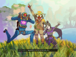 Rule 34 | 1boy, 1girl, 1other, ambiguous gender, animification, apex legends, black gloves, black hair, black scarf, bloodhound (apex legends), blue eyes, double v, finger gun, gloves, hair bun, hand on own face, heart, heart-shaped eyes, helmet, humanoid robot, in-universe location, mask, mizu cx, on one knee, one-eyed, one eye covered, open hand, pathfinder (apex legends), pointing, pointing up, robot, scarf, science fiction, single hair bun, v, wraith (apex legends)