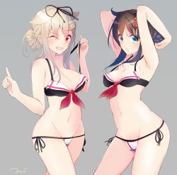 Rule 34 | 10s, 2girls, :o, ;d, adapted costume, alternate hairstyle, armpits, arms behind head, arms up, bare arms, bare shoulders, bikini, black bikini, black hair, black ribbon, blonde hair, blue eyes, blush, breasts, cleavage, contrapposto, eyebrows, grey background, hair bun, hair flaps, hair ornament, hair ribbon, hairclip, hairpin, highres, kantai collection, looking at viewer, medium breasts, midriff, multiple girls, navel, neckerchief, one eye closed, open mouth, pulled by self, red eyes, ribbon, shigure (kancolle), side-tie bikini bottom, sidelocks, signature, simple background, single hair bun, smile, standing, stomach, strap gap, strap pull, swimsuit, tareme, tebi (tbd11), yuudachi (kancolle)