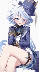 Rule 34 | 1girl, absurdres, aftamc, blue eyes, blue hair, blue hat, drop-shaped pupils, furina (genshin impact), genshin impact, gloves, hat, highres, legs, light blue hair, long hair, looking at viewer, smile, solo, symbol-shaped pupils