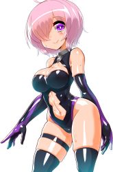 Rule 34 | black thighhighs, breasts, cleavage, clothing cutout, cowboy shot, curvy, elbow gloves, fate/grand order, fate (series), gloves, hair over one eye, haku hakujou daimaou, highres, large breasts, leotard, looking at viewer, mash kyrielight, navel cutout, plump, purple eyes, purple gloves, purple hair, short hair, skindentation, smile, solo, thighhighs