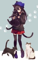 Rule 34 | 1girl, animal, animal ears, animal hat, aran sweater, beanie, bell, black hair, black sweater, black thighhighs, blue thighhighs, blush, boots, brown eyes, cable knit, cat, cat ears, cat girl, cat hat, cat tail, closed mouth, collar, full body, hair between eyes, hat, holding, holding animal, holding cat, jingle bell, long hair, looking at viewer, miniskirt, neck bell, one eye closed, original, paw print, paw print background, pleated skirt, red skirt, shugao, skirt, solo, standing, sweater, tail, thighhighs, tsurime, zettai ryouiki