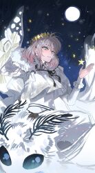 Rule 34 | 1boy, absurdres, blanca (fate), blue eyes, bug, capelet, commentary, crown, dress, fate/grand order, fate (series), full moon, fur capelet, grey hair, highres, insect, insect wings, juliet sleeves, long sleeves, looking up, moon, moth, night, night sky, oberon (fate), puffy sleeves, short hair, sitting on animal, sky, star (sky), white dress, wings, yurumawari