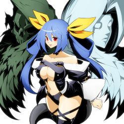 Rule 34 | 1girl, absurdres, angel wings, asymmetrical wings, bare shoulders, belt, black choker, black panties, black thighhighs, blue hair, breasts, center opening, choker, collarbone, cropped legs, detached sleeves, dizzy (guilty gear), guilty gear, guilty gear x, guilty gear xx, hair between eyes, hair rings, highres, large breasts, long hair, long sleeves, looking at viewer, midriff, monster girl, navel, necro (guilty gear), open mouth, panties, parted lips, piko (osso), puffy long sleeves, puffy sleeves, red eyes, simple background, skull, solo, stomach, tail, thigh strap, thighhighs, thighs, twintails, underwear, undine (guilty gear), white background, wings