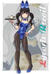 Rule 34 | 1girl, animal ears, black pantyhose, blue bow, blue bowtie, blue footwear, blue leotard, boo (takagi), bow, bowtie, character name, commentary request, contrapposto, detached collar, fake animal ears, hand on own hip, high heels, highres, inoue takina, leotard, long hair, looking at viewer, lycoris recoil, pantyhose, playboy bunny, purple eyes, rabbit ears, solo, standing, teapot, twintails, wrist cuffs, zoom layer