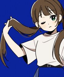 Rule 34 | 1girl, belt, black belt, blue background, blue skirt, blush, brown hair, closed mouth, cowboy shot, dot nose, frown, green eyes, hand up, harumaru sk, head tilt, holding, holding own hair, looking at viewer, low twintails, one eye closed, original, shirt, shirt tucked in, short sleeves, simple background, skirt, solo, twintails, white shirt