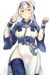 Rule 34 | 10s, 1girl, :d, ainu, ainu clothes, anchor, arm wrap, bandana, black thighhighs, blue eyes, boots, breasts, chain, cropped jacket, dress, folded ponytail, headband, highres, kamoi (kancolle), kantai collection, long hair, long sleeves, looking at viewer, okamen, open mouth, pelvic curtain, sideboob, sidelocks, simple background, sleeveless, sleeveless dress, smile, solo, teeth, thick eyebrows, thigh boots, thighhighs, v, white background, white hair, wrist guards