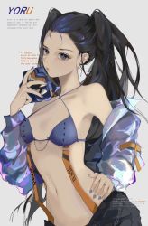 Rule 34 | 1girl, animification, bikini, black hair, black pants, blue bikini, blue eyes, blue hair, blue nails, breasts, chain, commentary, english commentary, genderswap, genderswap (mtf), grey jacket, hair behind ear, halterneck, hand on own hip, head tilt, highres, holding, holding mask, jacket, looking at viewer, mask, unworn mask, midriff, multicolored hair, nail polish, navel, pants, small breasts, solo, streaked hair, sumi (suumiko ), suspenders, swimsuit, twintails, valorant, yoru (valorant)