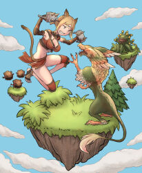 Rule 34 | 1girl, adventurer (ff11), animal ears, black gloves, blonde hair, blue eyes, blue sky, bomb (final fantasy), breasts, brown tail, cactus41747280, cat ears, cat girl, cat tail, cleavage, clenched teeth, cloud, day, elbow gloves, fang, final fantasy, final fantasy xi, floating island, fringe trim, gloves, grass, griffin, highres, loincloth, malboro, medium breasts, mithra (ff11), navel, parted bangs, short hair, sky, tail, teeth, toeless legwear, toenails