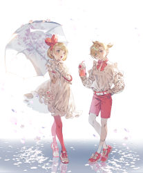 Rule 34 | 1boy, 1girl, belt, bendy straw, blonde hair, blush, bow, bowtie, brother and sister, cherry blossoms, commentary, crossed legs, cup, disposable cup, dress, drinking straw, fajyobore, flower trim, footwear bow, full body, gloves, green eyes, hair behind ear, hairband, head tilt, highres, holding, holding cup, holding umbrella, kagamine len, kagamine rin, long sleeves, looking at another, matching outfits, open mouth, pantyhose, parted lips, petals, ponytail, puffy long sleeves, puffy short sleeves, puffy sleeves, red bow, red footwear, red neckwear, red pantyhose, red shorts, reflective floor, sakura len, sakura rin, shirt, shoes, short hair, short sleeves, shorts, siblings, sneakers, socks, standing, sundress, swept bangs, twins, umbrella, vocaloid, watson cross, white background, white bow, white dress, white footwear, white gloves, white neckwear, white pantyhose, white shirt