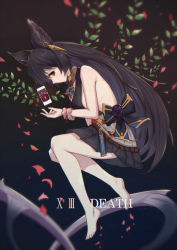 Rule 34 | 1girl, animal ears, bare shoulders, barefoot, black background, black bow, black dress, black hair, bow, breasts, cellphone, closed mouth, commentary request, dress, ear piercing, erune, flower, granblue fantasy, hair between eyes, highres, long hair, medium breasts, nier (granblue fantasy), petals, phone, piercing, pink scrunchie, pleated dress, profile, purple flower, purple rose, red eyes, rose, scrunchie, sleeveless, sleeveless dress, soles, solo, star (symbol), uneg, very long hair, wrist scrunchie